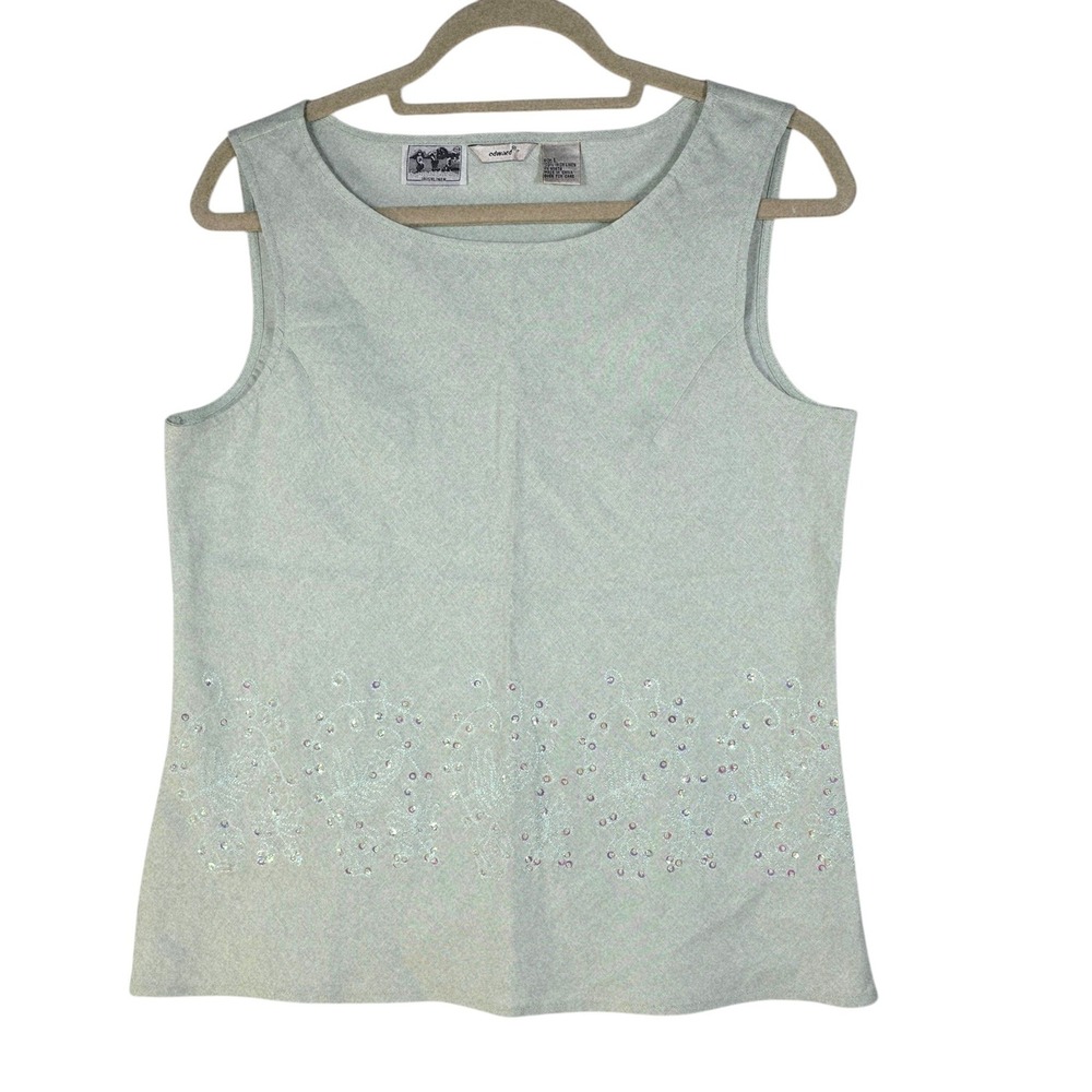 Edward 100% Irish Linen‎ Sleeveless Top Sage Green Sequin Embroidered Hem Large